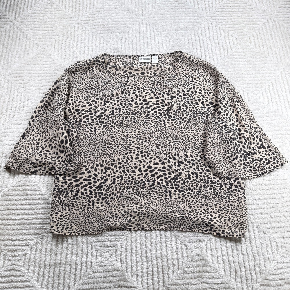 Chico's Silk Leopard Print Blouse Women's Size 0 Tan Black Vintage Y2K Office